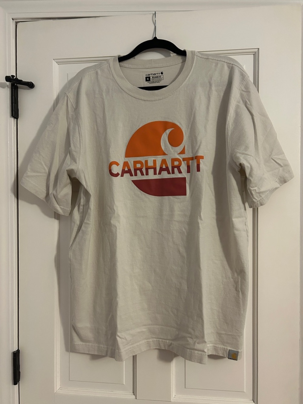 Carhartt Cream Tee with Orange & dark red logo size XL relaxed fit